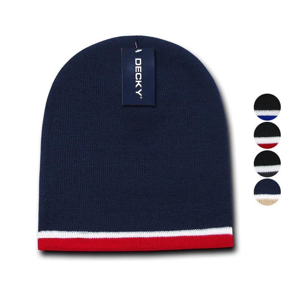 Decky Double Striped 3 Tone Beanies Knitted Ski Skull Winter Caps Hats-Black/White/Charcoal-