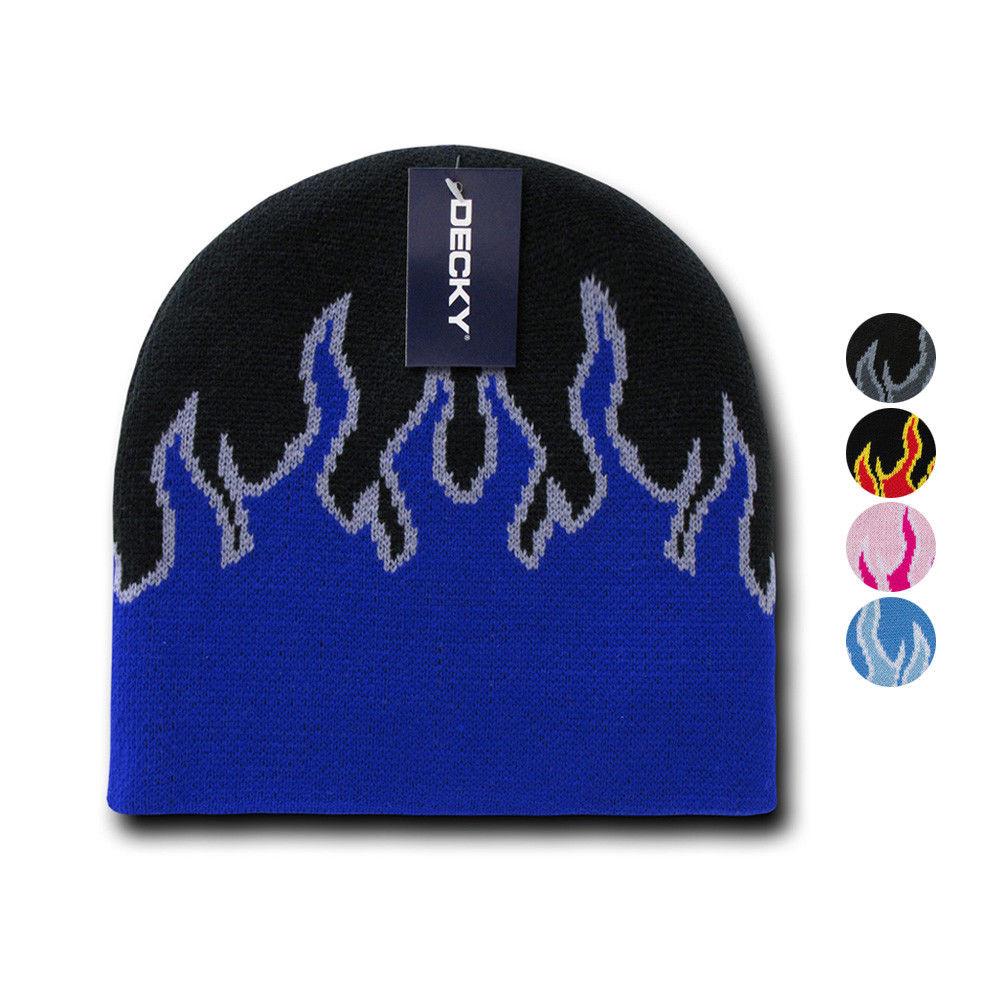 Decky Fire Flames Tribal Beanies Hats Caps Ski Skull Short Uncuffed Winter-8003 - Black/Blue/Grey-
