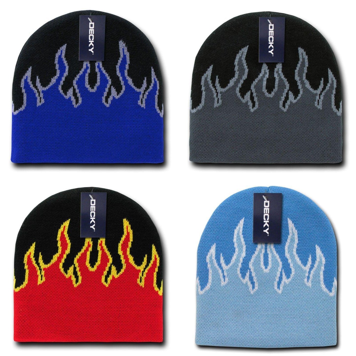 Decky Fire Flames Tribal Beanies Hats Caps Ski Skull Short Uncuffed Winter-8003 - Black/Blue/Grey-