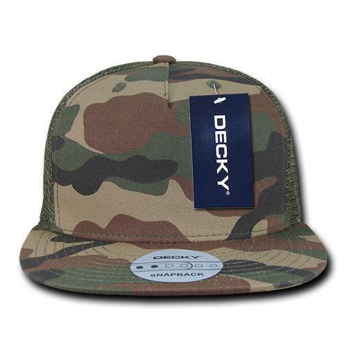 Decky Flat Bill Baseball Mesh Trucker 5 Panels Solid Camouflage Caps Hats-Black-