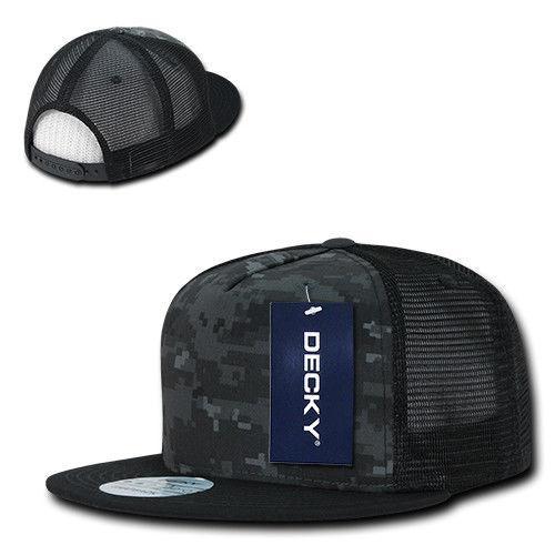 Decky Flat Bill Baseball Mesh Trucker 5 Panels Solid Camouflage Caps Hats-Black-