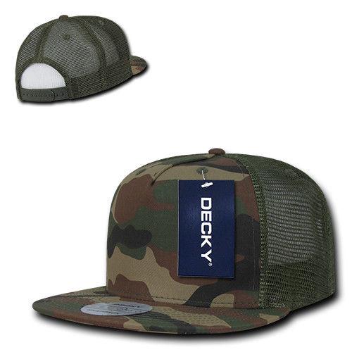 Decky Flat Bill Baseball Mesh Trucker 5 Panels Solid Camouflage Caps Hats-Woodland-