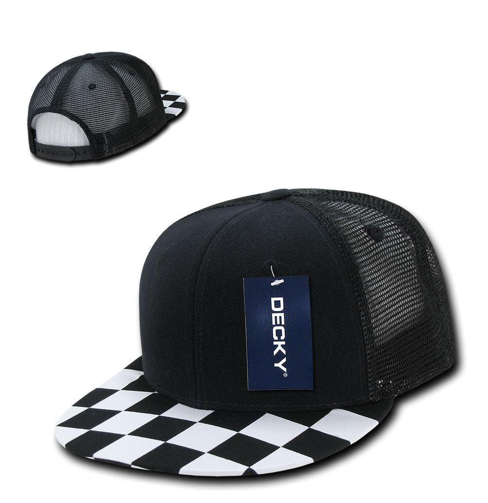 Decky Flat Bill Checkered Racing Flag 6 Panel Trucker Hats Caps Snapback-Black/Grey-