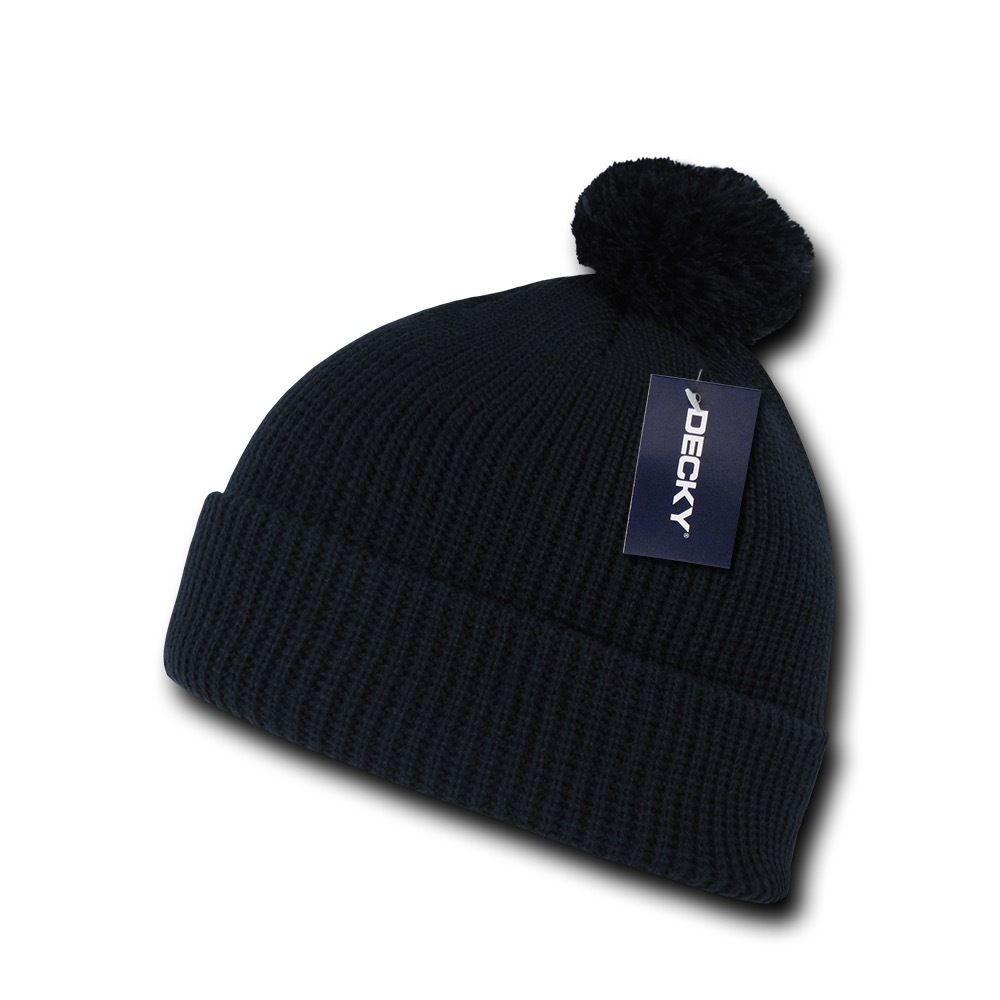 Decky Pom Pom Beanies Long Cuffed Soft Thick Warm Knitted Ski Caps Hats Unisex-BLACK-