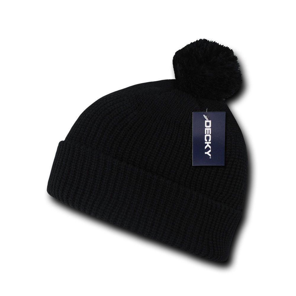 Decky Pom Pom Beanies Long Cuffed Soft Thick Warm Knitted Ski Caps Hats Unisex-BLACK-