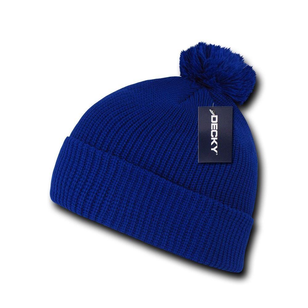 Decky Pom Pom Beanies Long Cuffed Soft Thick Warm Knitted Ski Caps Hats Unisex-ROYAL-