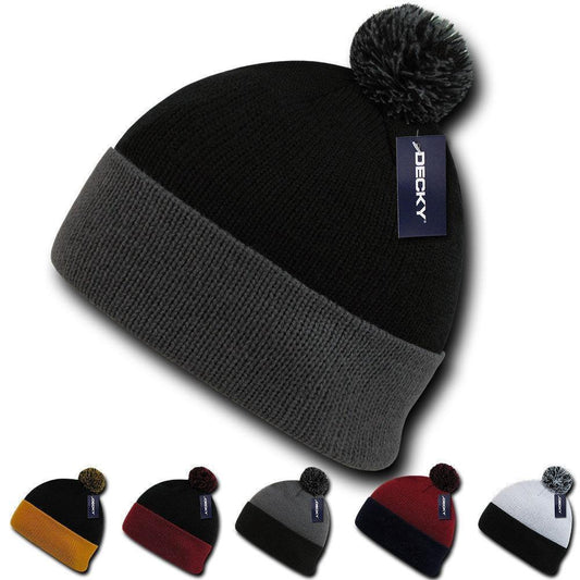 Decky Pom Pom Two Tone Beanies Long Cuffed Tight Stretchy Knitted Ski Caps Hats-Black/Gold-