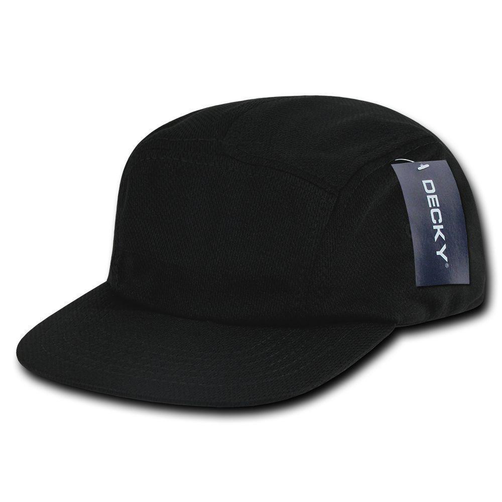 Decky Retro Flat Bill Performance 5 Panel Mesh Racer Caps Hats Unisex-Black-