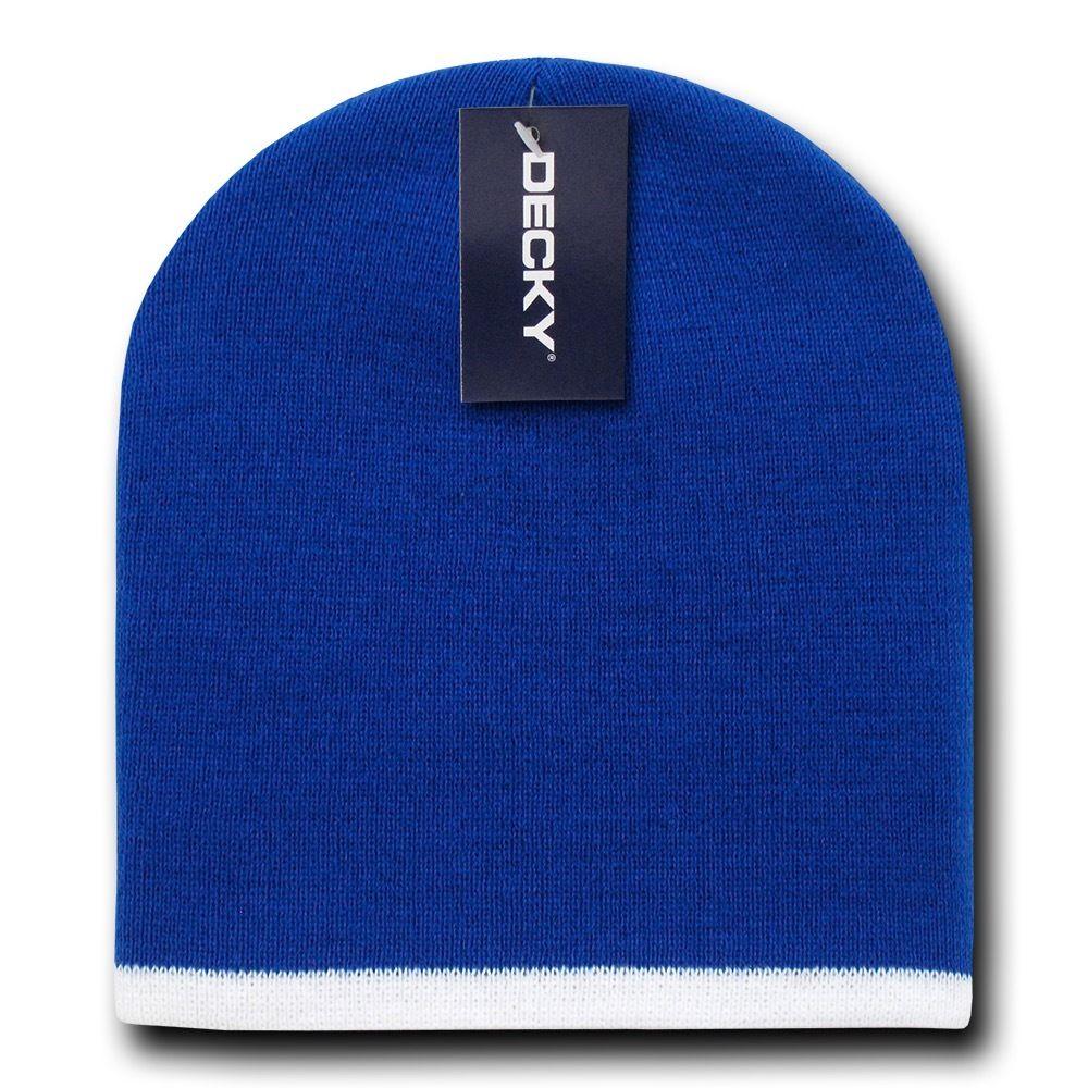 Decky Single Striped Two Tone Beanies Knitted Ski Skull Caps Hats Warm Winter-Royal/White-