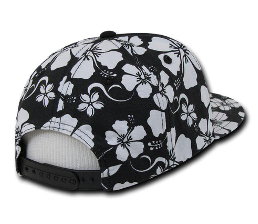Decky Solid Black Panel Floral Hawaiian Cotton Snapback Flat Bill Caps Hats-