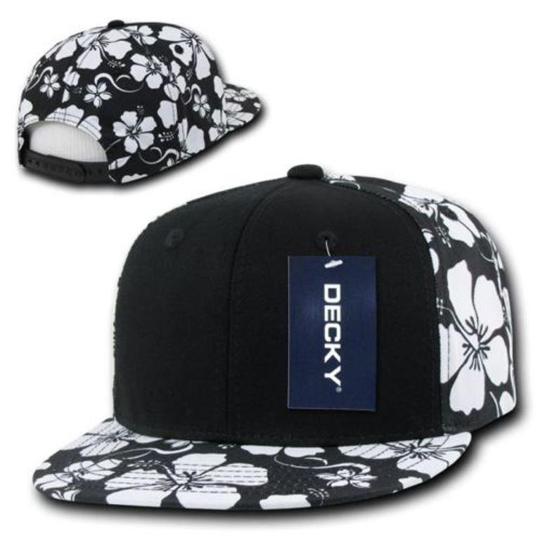 Decky Solid Black Panel Floral Hawaiian Cotton Snapback Flat Bill Caps Hats-
