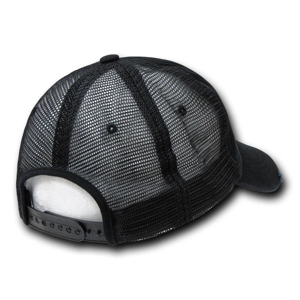 Decky Vintage Ripped Mesh Washed 6 Panel Cotton Pre-Curved Trucker Caps Hats-110 - Black-