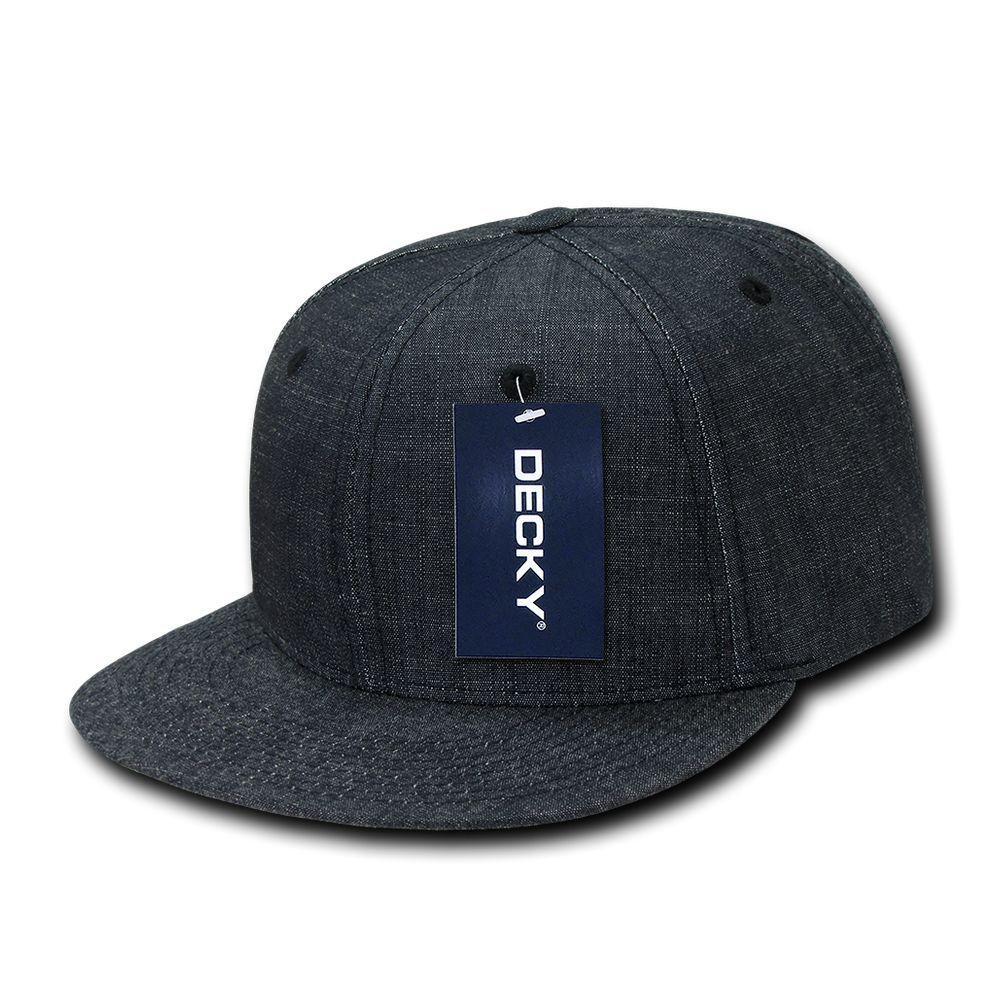 Decky Washed Denim Snapback 100% Cotton 6 Panel Flat Bill Hats Caps-Black-