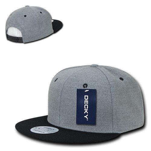 Decky Wool/Acrylic Melton Crown Snapback Two Tone 6 Panel Flat Bill Hats Caps-Charcoal / Black-
