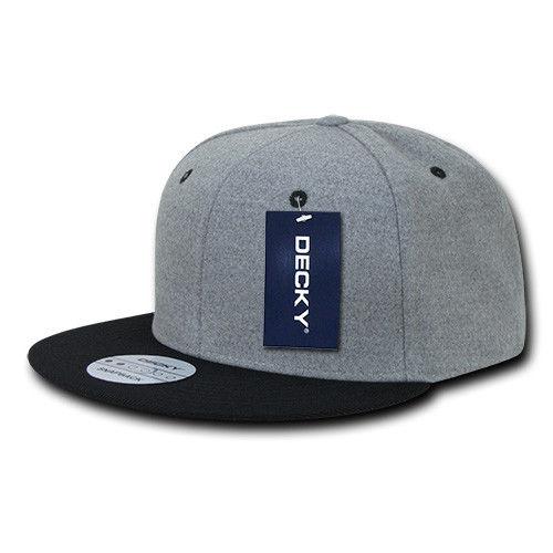 Decky Wool/Acrylic Melton Crown Snapback Two Tone 6 Panel Flat Bill Hats Caps-Charcoal / Black-