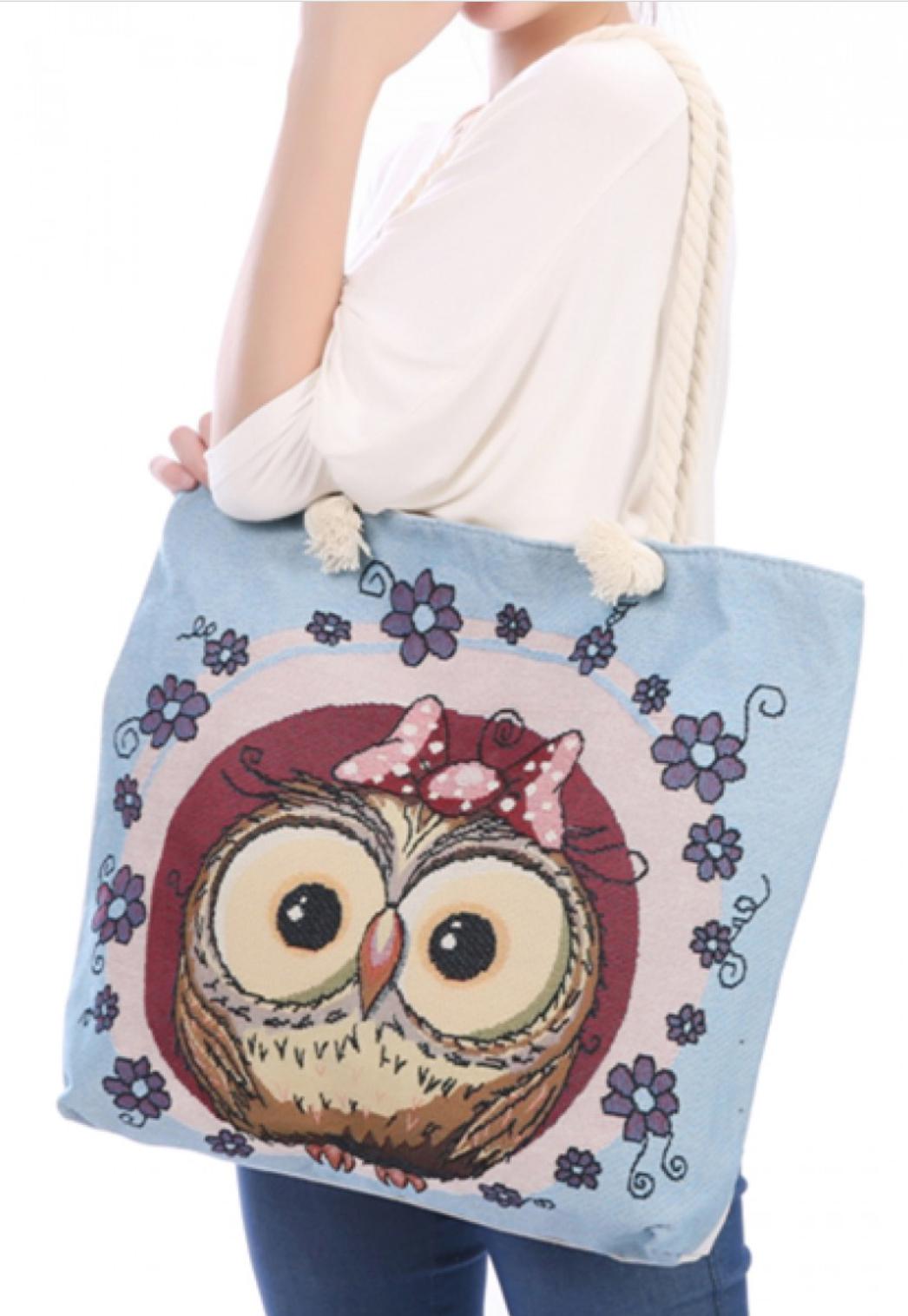 Deluxe Cute Pink Owl Reusable Grocery Shopping Women Totes Bag Rope Handles-