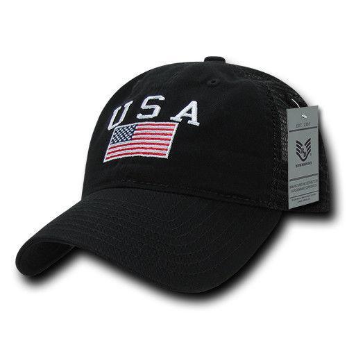 USA US Flag Patriotic Relaxed Fit Trucker Cotton Baseball Caps Hats-Black-