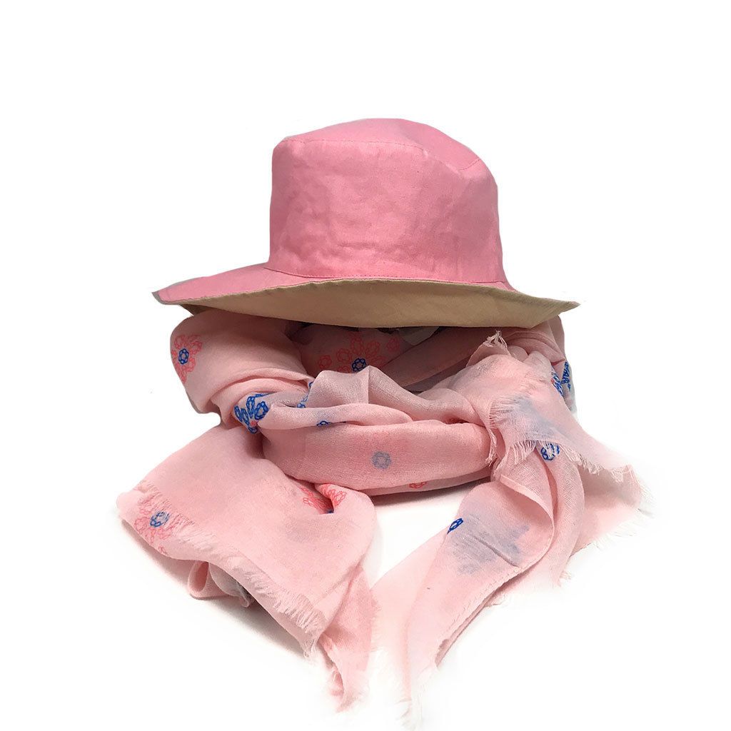 Floral Sheer Scarf And Ponytail Sun Hat Gift Set For Women Wife Mom Girlfriend-Blue-