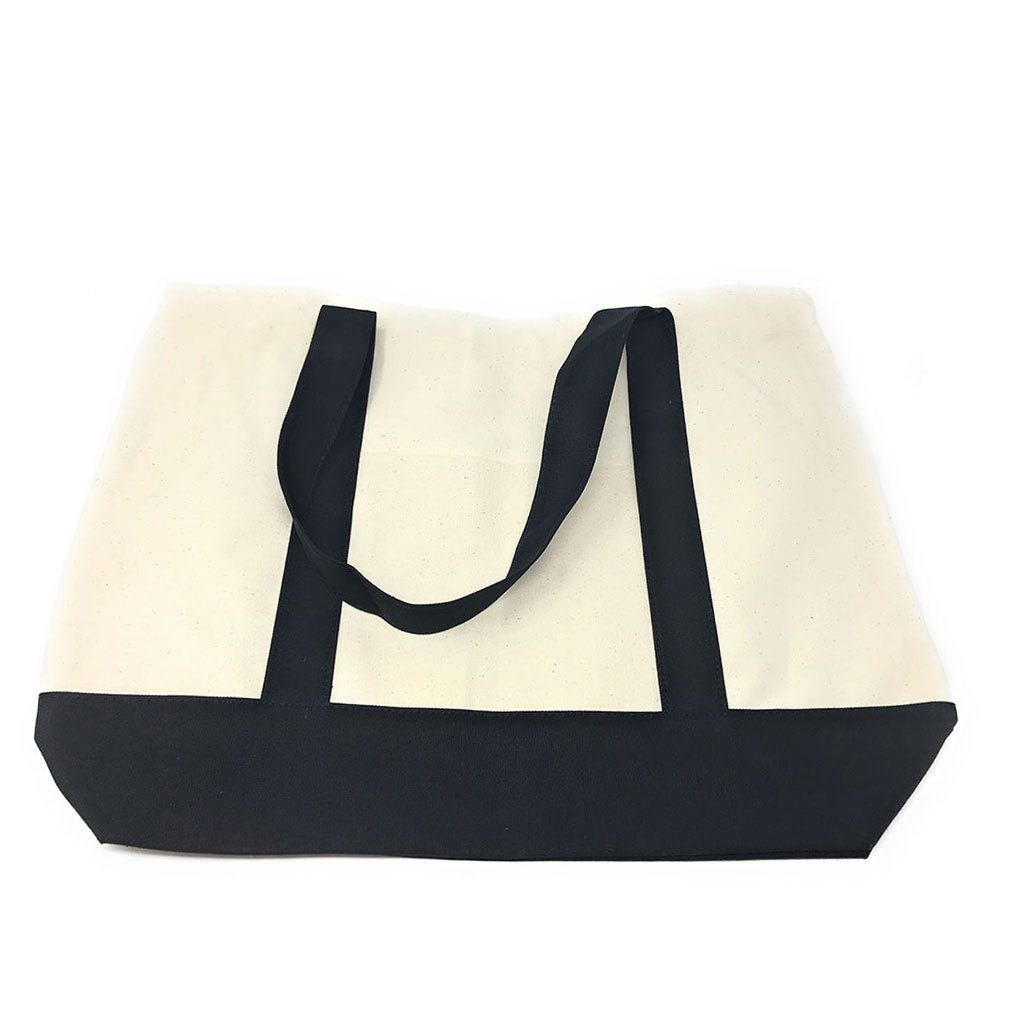 Large Shopping Grocery Bag Reusable Cotton Canvas Beach Tote Zippered 22inch X 16inch-Black/Natural-