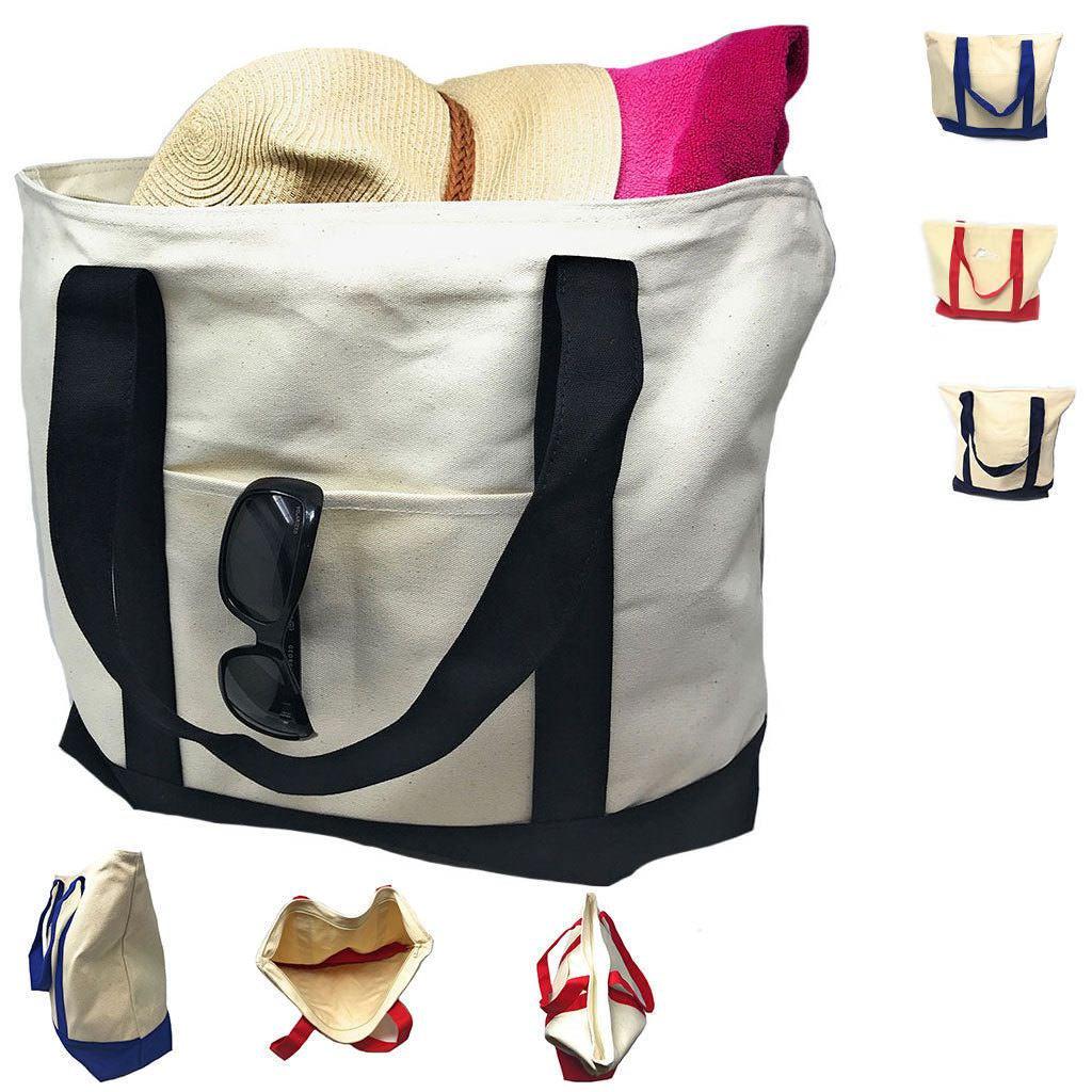 Large Shopping Grocery Bag Reusable Cotton Canvas Beach Tote Zippered 22inch X 16inch-Black/Natural-