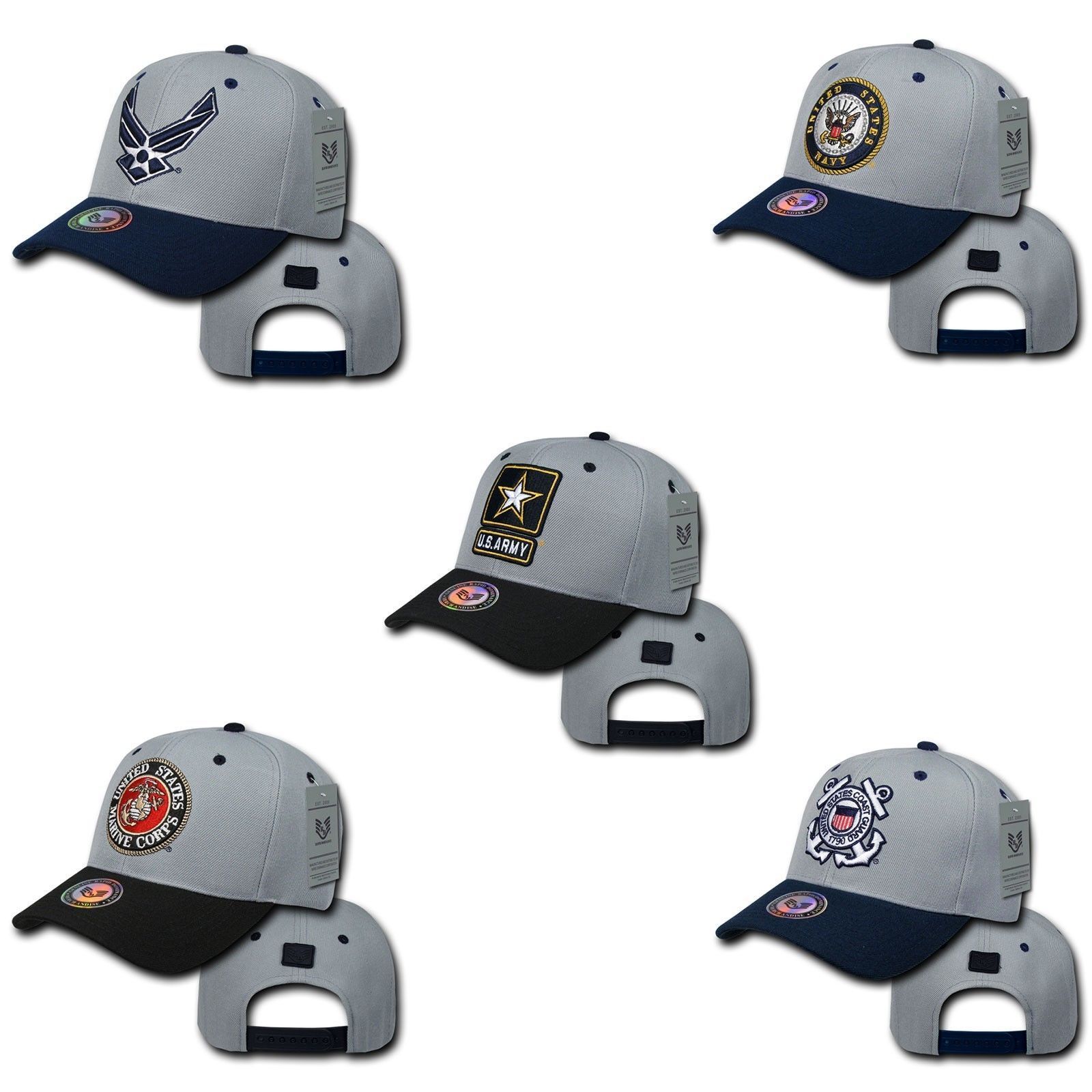 Military Air Force Navy Coast Guard Army Marines Workout Baseball Hats Caps-Air Force - Gray/Navy-