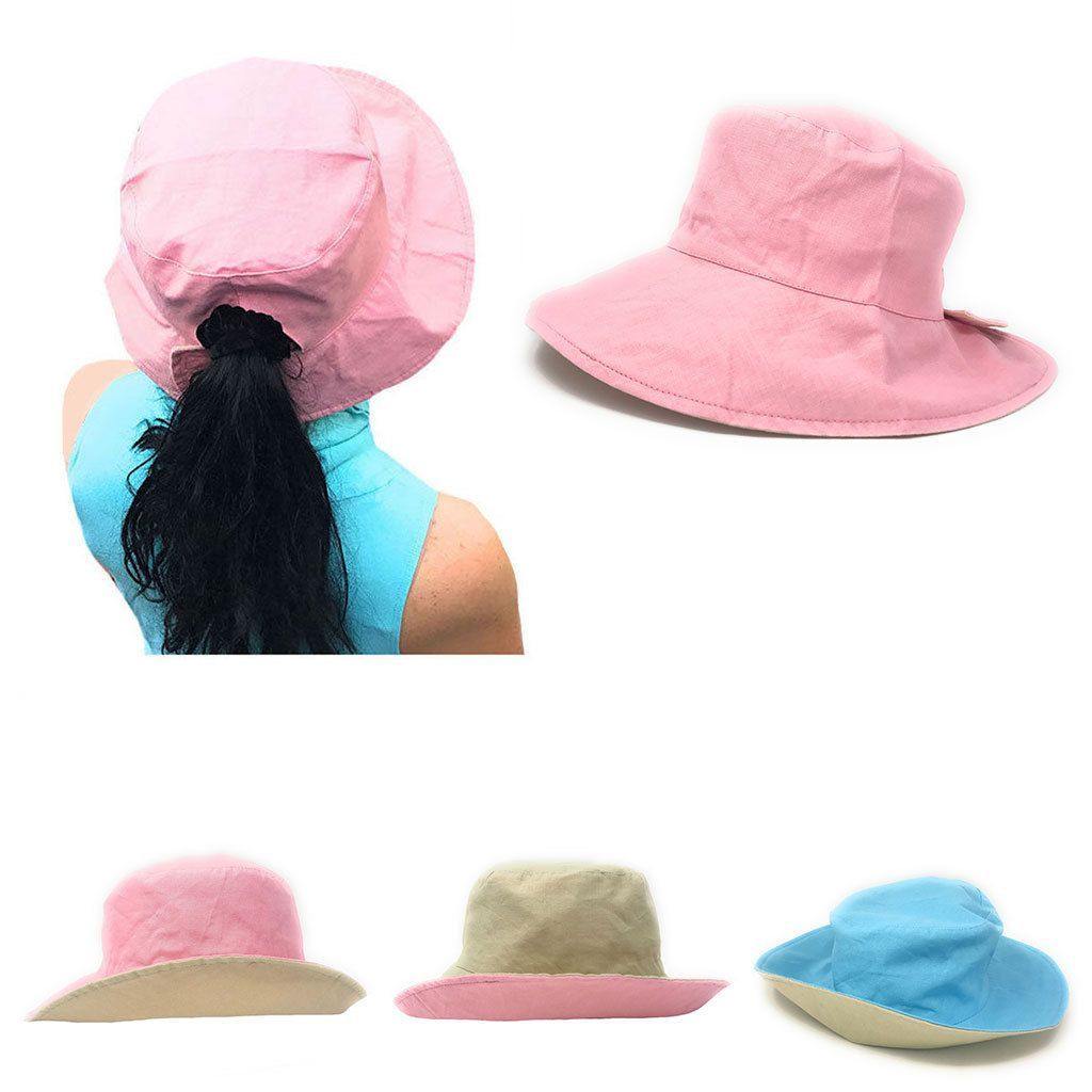 Cotton Ponytail Bucket Caps Hats Reversible Summer Women's Summer Beach Sun Hat-LT.PINK/IVORY-