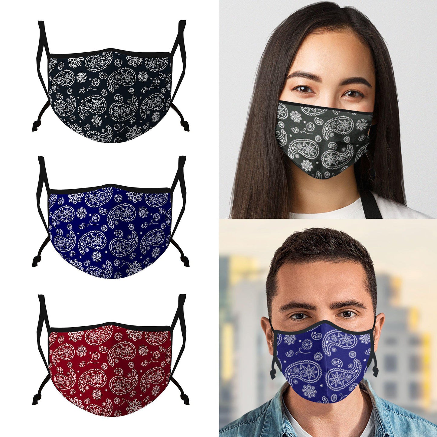 Casaba 3 Pack Paisley Print Face Masks Unisex Fashion Cotton Poly Adjustable Washable Reusable Double Layer Pocket Filter-