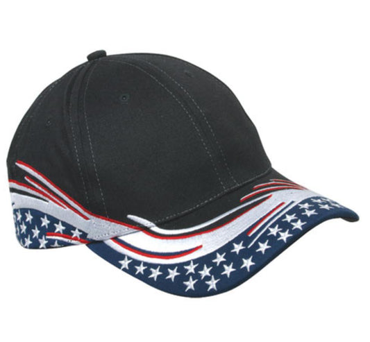 Patriotic USA US Flag Stars 6 Panel Hats Caps Brushed Cotton Racing Black-