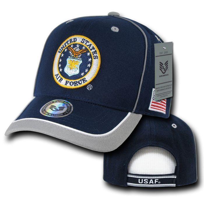 Piped Military Air Force Army Marines Navy USA Flag Patriotic Baseball Hats Caps-Air Force - Navy/Grey-