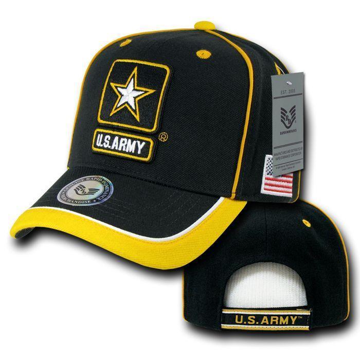 Piped Military Air Force Army Marines Navy USA Flag Patriotic Baseball Hats Caps-Army - Black/Gold-