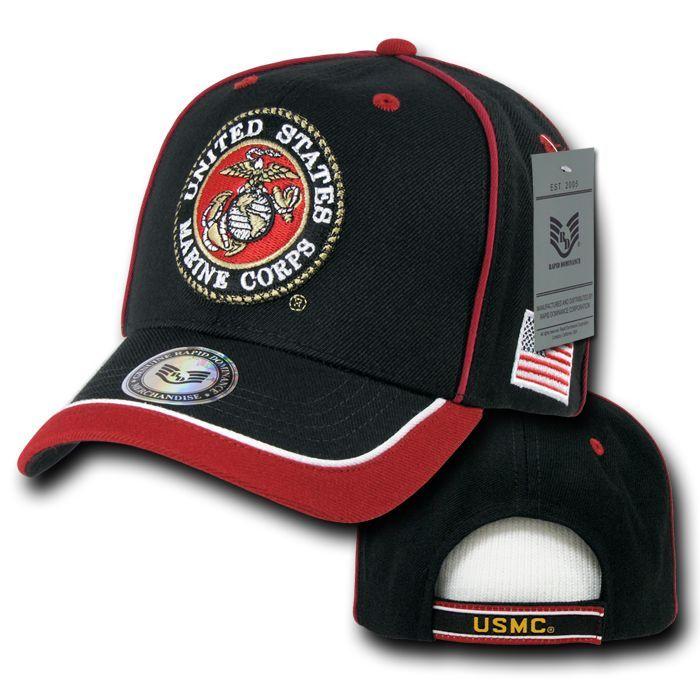 Piped Military Air Force Army Marines Navy USA Flag Patriotic Baseball Hats Caps-Marines - Black/Red-