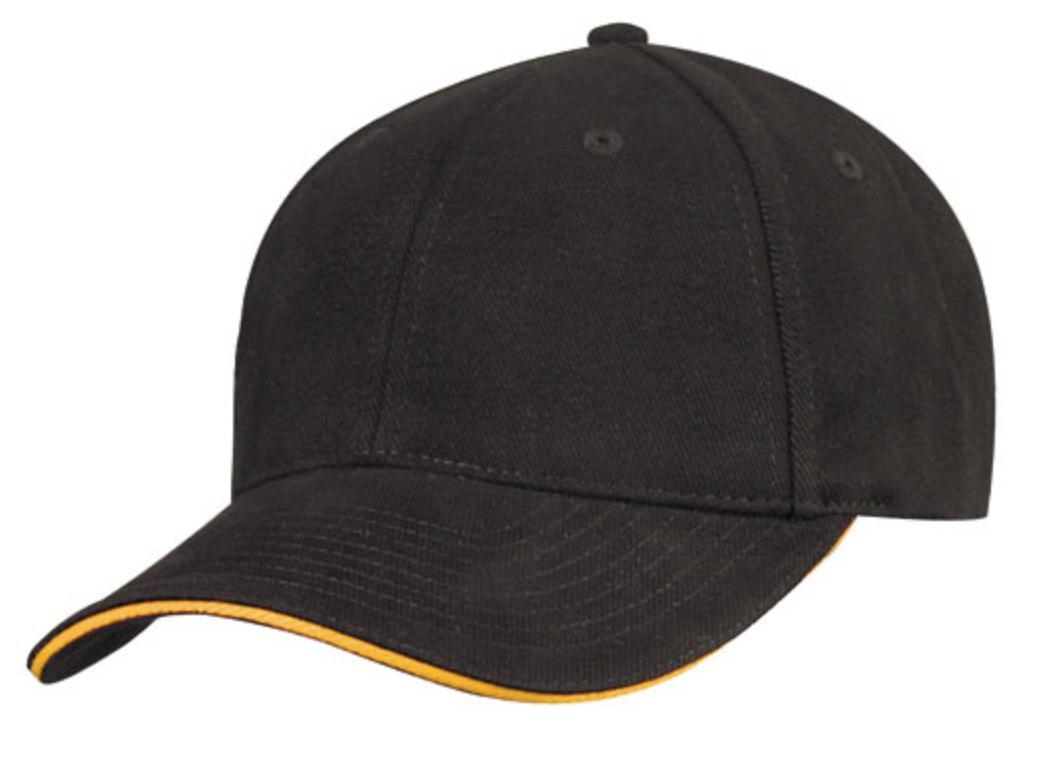 Brushed Cotton Sandwich 6 Panel Low Crown Baseball Hats Caps Plain Two Tone-BLACK / GOLD-