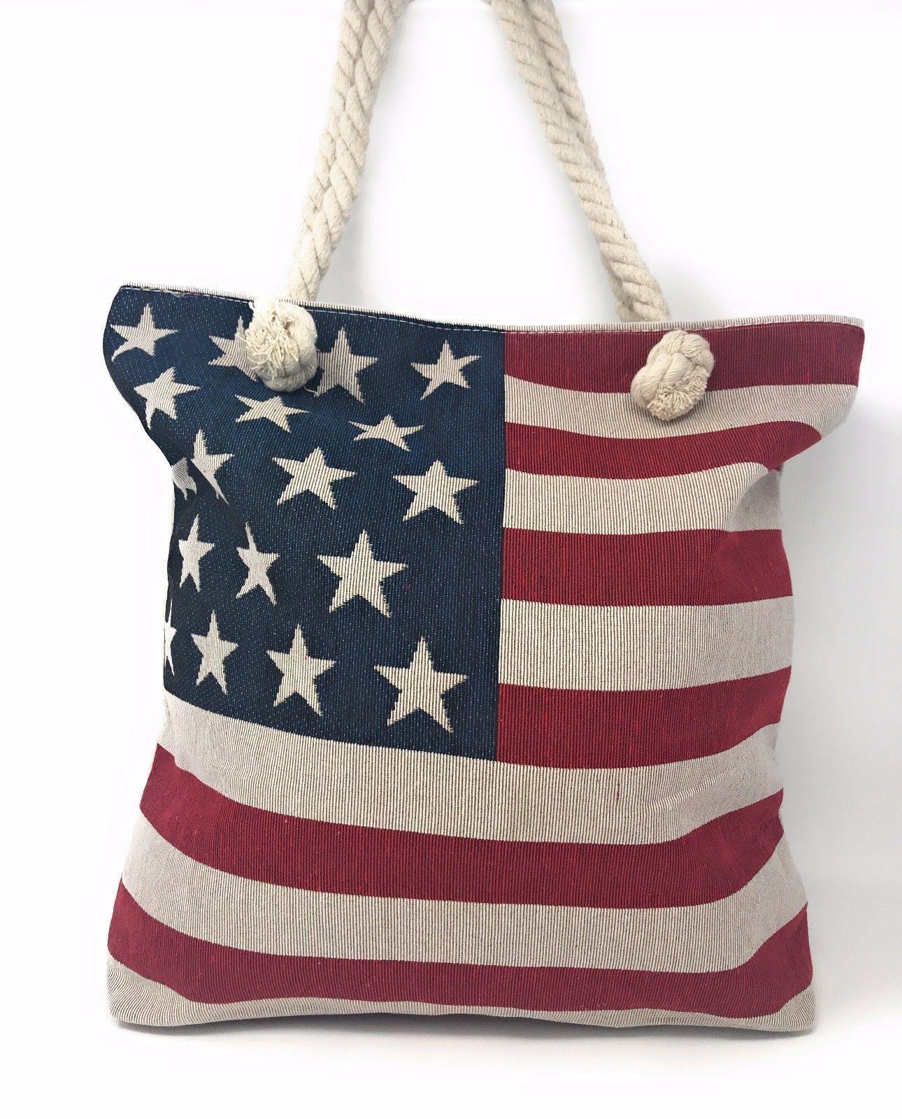 USA Flag Patriotic Canvas Reusable Eco Grocery Shopping Beach Gym Work Tote Bag-