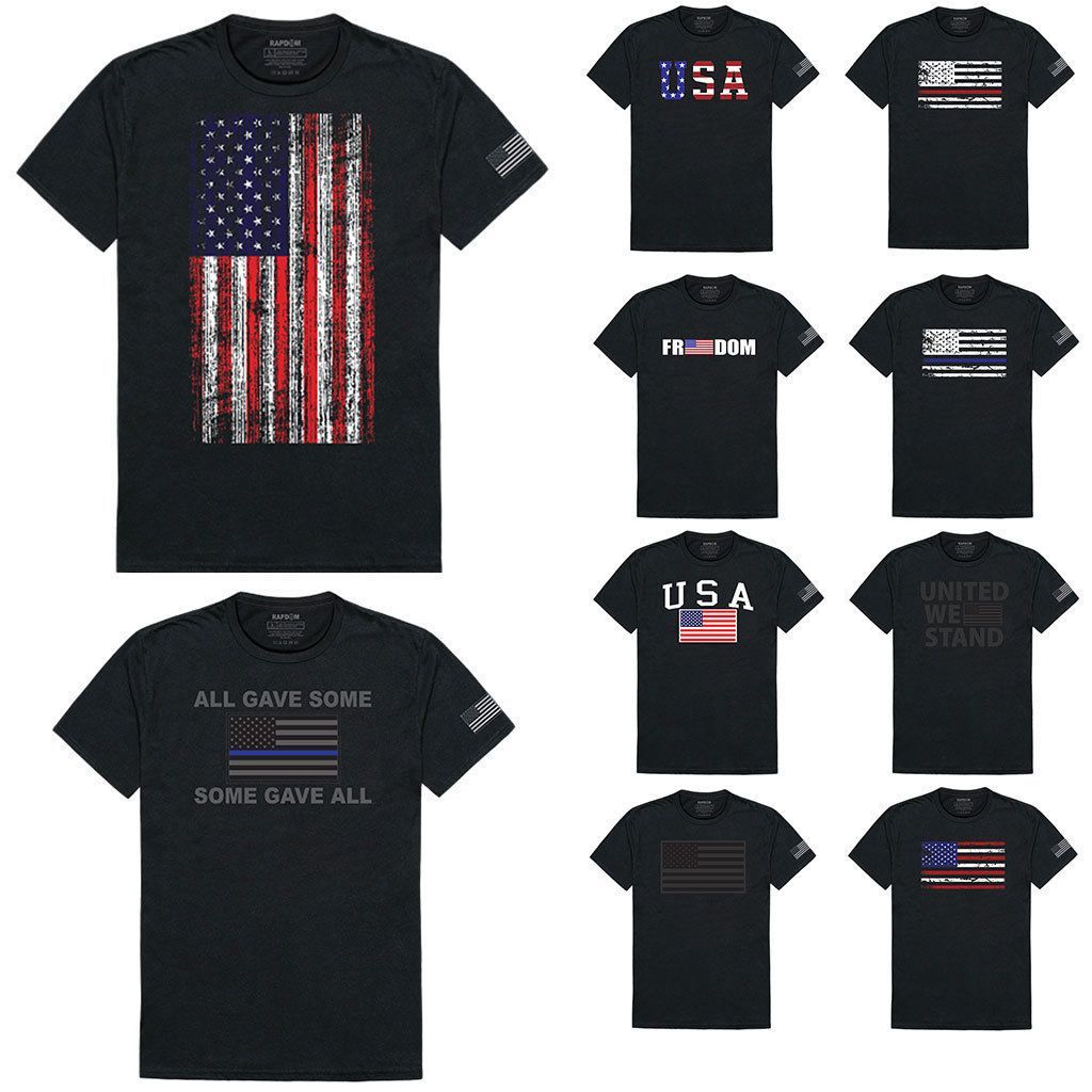 USA Flag Patriotic United We Stand Thin Red Line Freedom Cotton T-Shirts-Red/Blue/White Flag1-Regular-Small