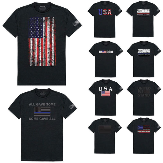 USA Flag Patriotic United We Stand Thin Red Line Freedom Cotton T-Shirts-Red/Blue/White Flag1-Regular-Small