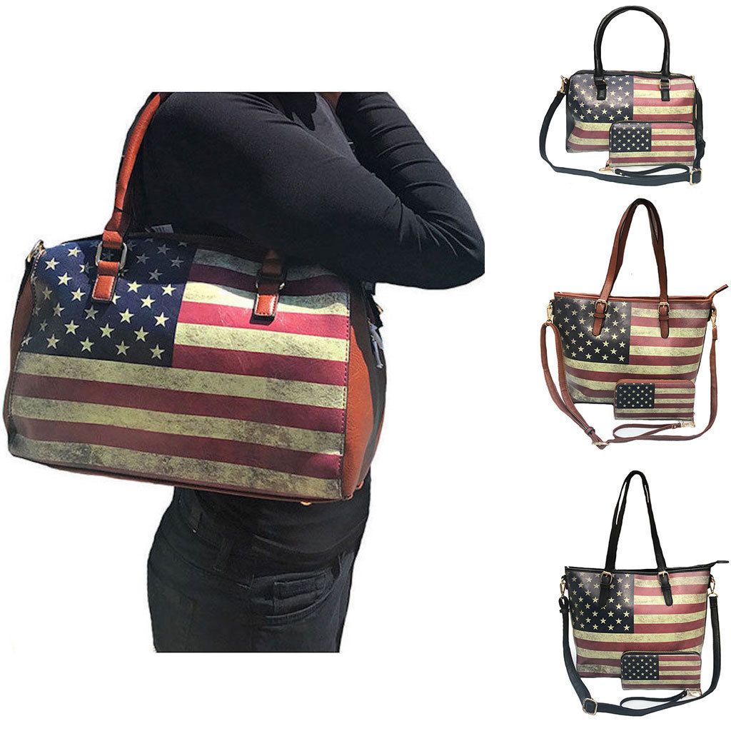 USA Flag Tote Satchel Handbag Wristlet Gift Set For Women Wife Mom Girlfriend-Satchel & Wallet - Black-
