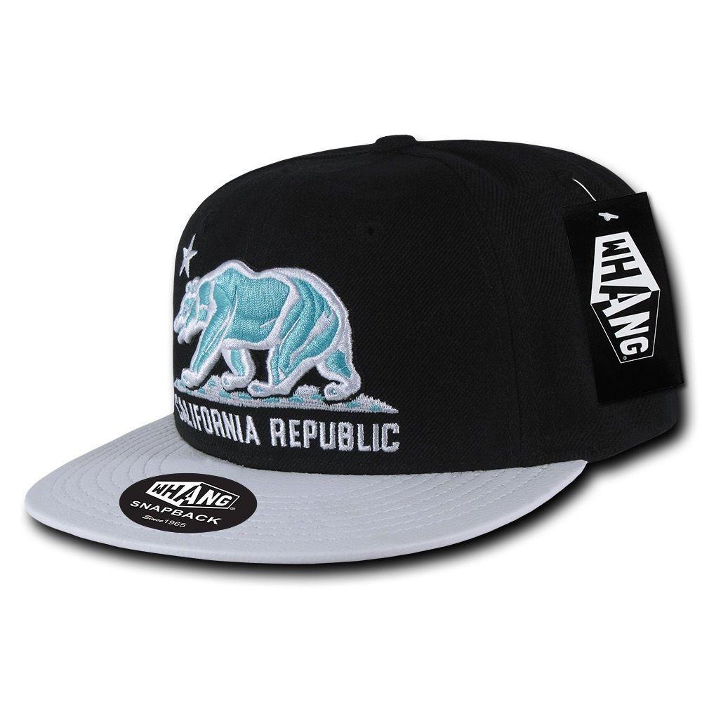 Whang California Cali Republic 6 Panel Flat Vinyl Bill Snapback Hats Caps-Black/Black-