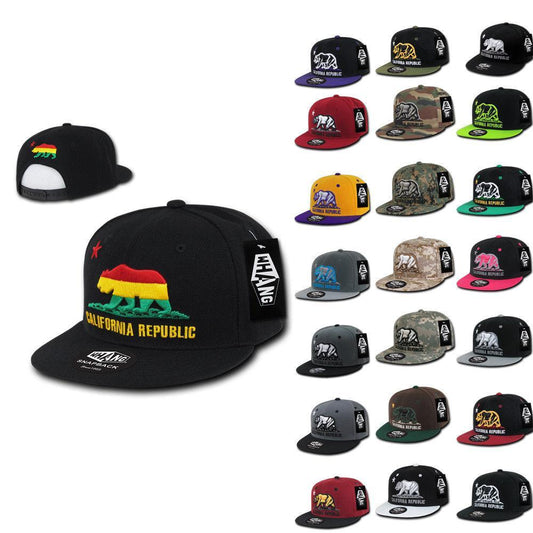 Whang California Cali Republic Bear Flat Bill Retro 3D Snapback Caps Hats Unisex-Black-