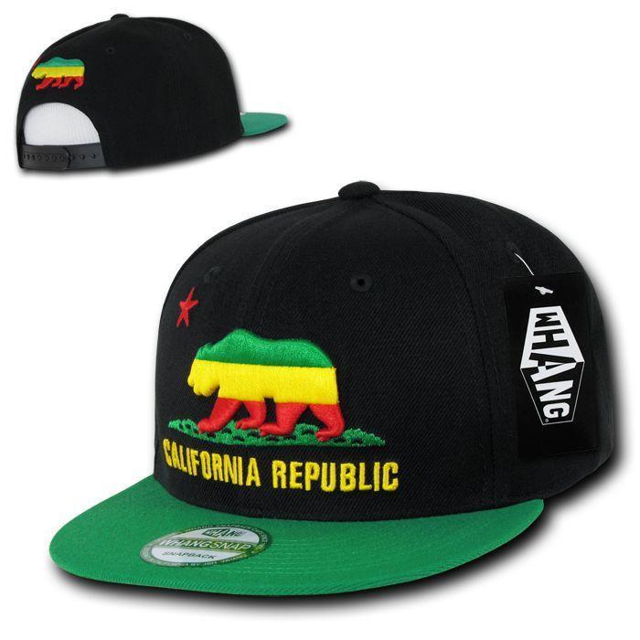 Whang California Cali Republic Bear Flat Bill Retro 3D Snapback Caps Hats Unisex-Rasta-