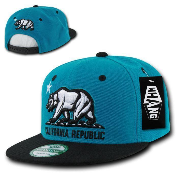 Whang California Cali Republic Bear Flat Bill Retro 3D Snapback Caps Hats Unisex-Teal / Black-