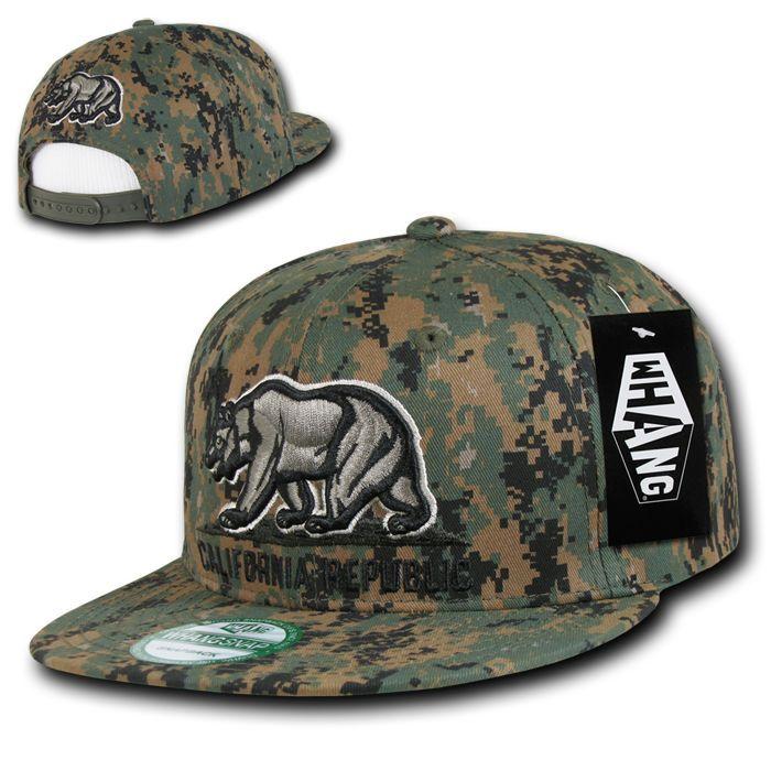 Whang California Cali Republic Bear Flat Bill Retro 3D Snapback Caps Hats Unisex-Woodland - Digital-