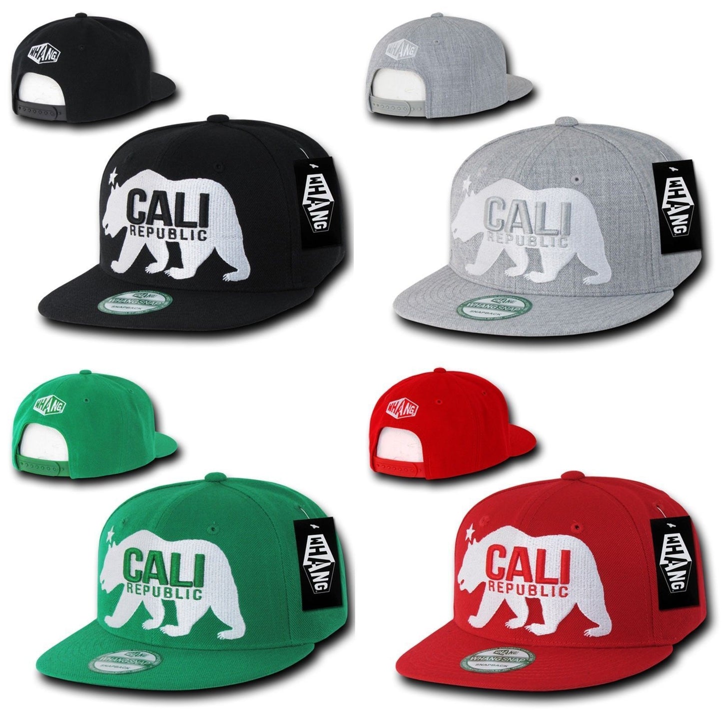 Whang California Republic Bear Gomdori Flat Bill Snapback Hats Caps-Black-