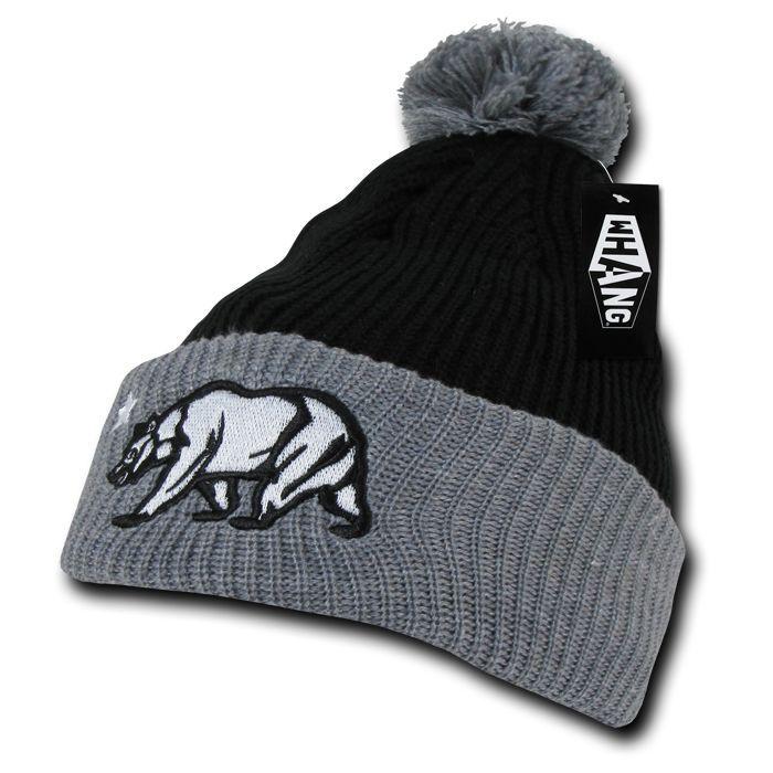 Whang California Republic Cali Bear Cuff Pom Rasta Warm Winter Beanies Hats Caps-Black-