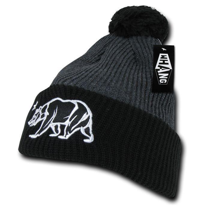 Whang California Republic Cali Bear Cuff Pom Rasta Warm Winter Beanies Hats Caps-Black-