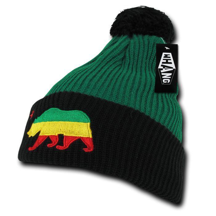 Whang California Republic Cali Bear Cuff Pom Rasta Warm Winter Beanies Hats Caps-Black-