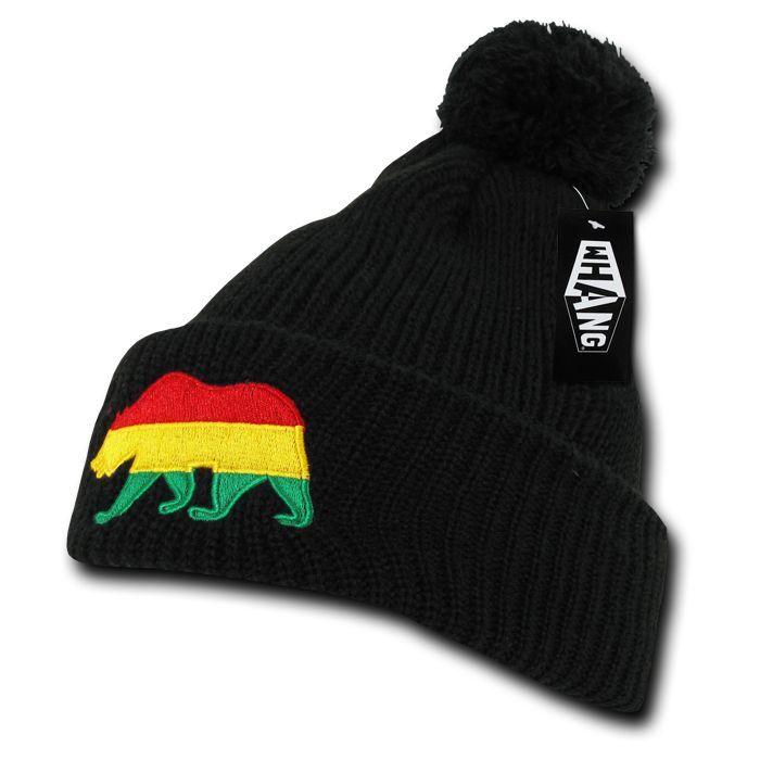 Whang California Republic Cali Bear Cuff Pom Rasta Warm Winter Beanies Hats Caps-Black-