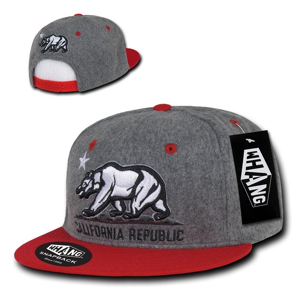 Whang Melton Cali Bear California Republic 6 Panel Snapback Hats Caps-Ash/Black-