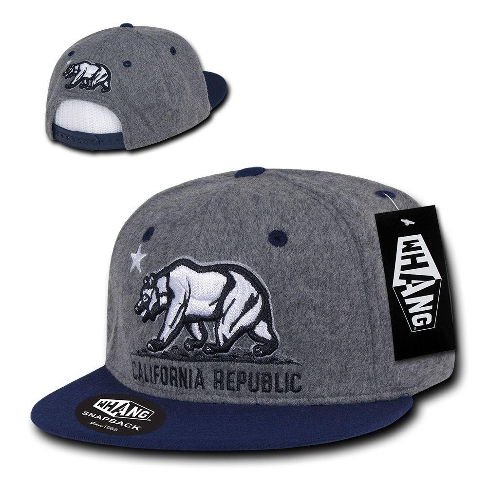 Whang Melton Cali Bear California Republic 6 Panel Snapback Hats Caps-Ash/Black-