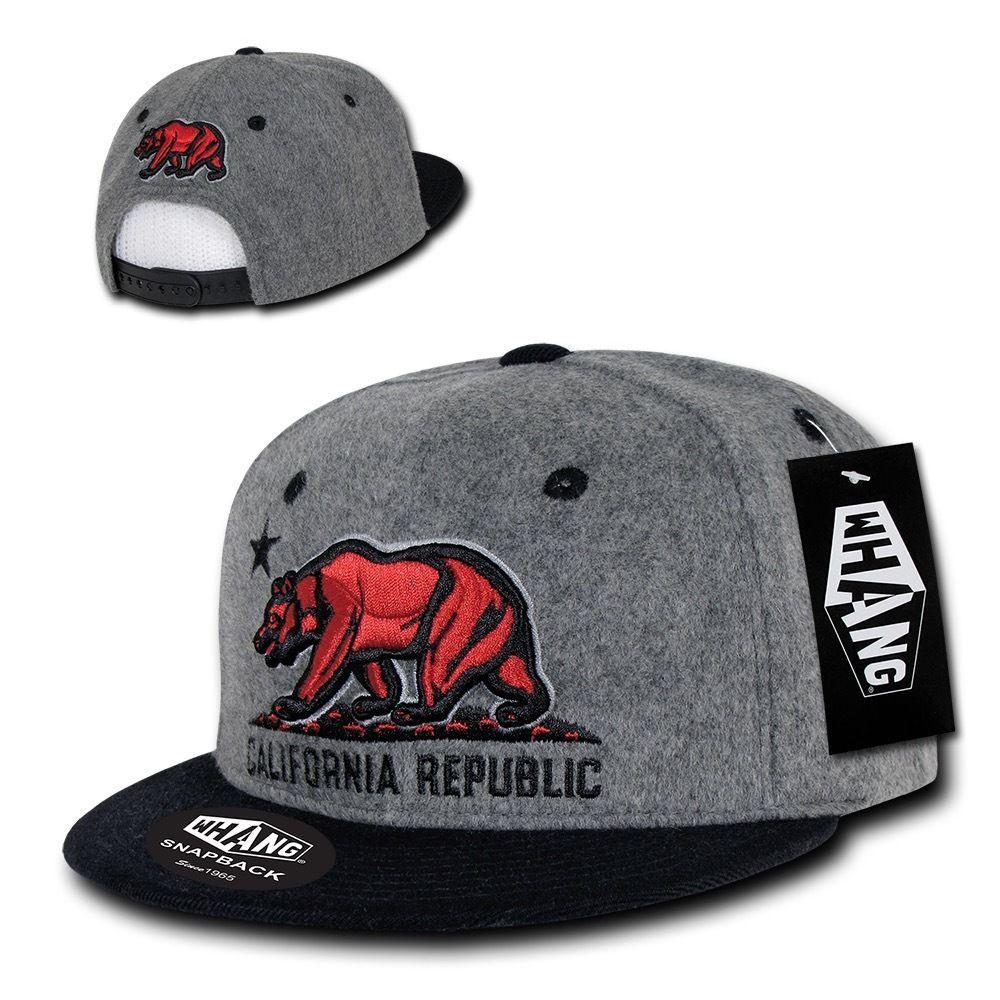 Whang Melton Cali Bear California Republic 6 Panel Snapback Hats Caps-Ash/Black-