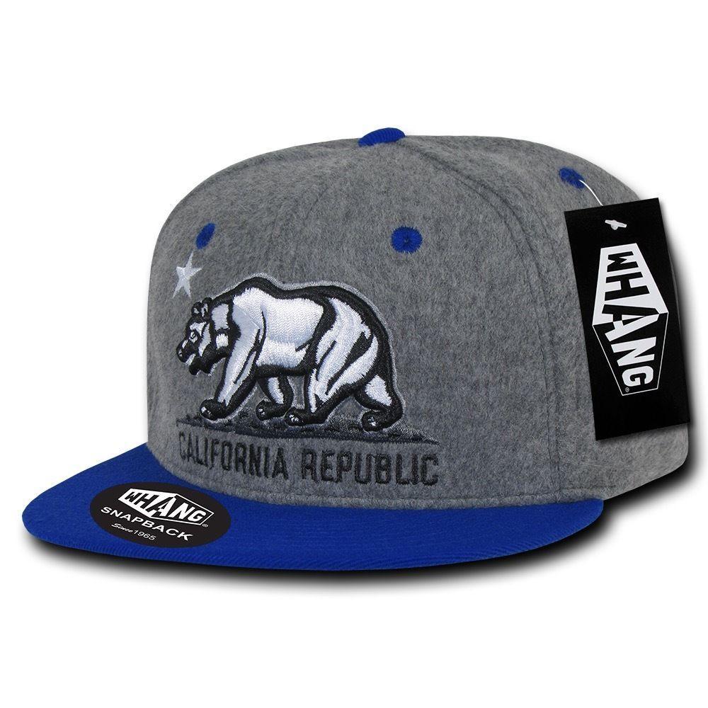 Whang Melton Cali Bear California Republic 6 Panel Snapback Hats Caps-Ash/Black-